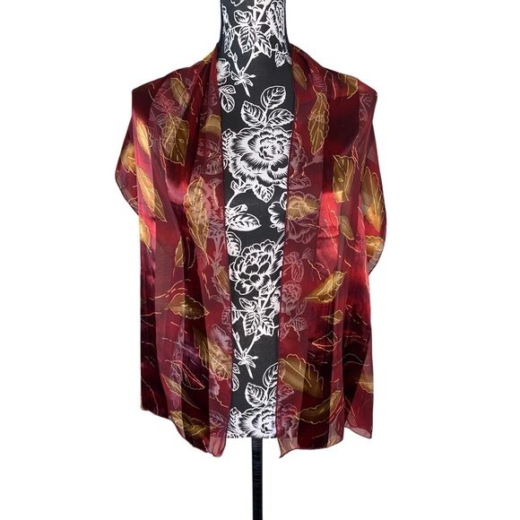 Sheer Burgundy Scarf Wrap Lightweight Leaf Print Shawl Fall Accessory Soft - Picture 3 of 8